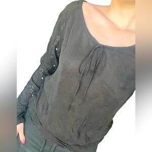 Johnny Was Black Boat Neck Peasant Blouse Eyelet Lace Sleeves Flowy Lightweight